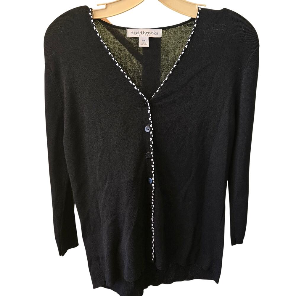 David Brooks Petite Medium Black/White Trim Soft Knit Cardigan [0476]